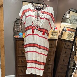 Boho Striped Lace-Up Mini Dress in Red and Cream